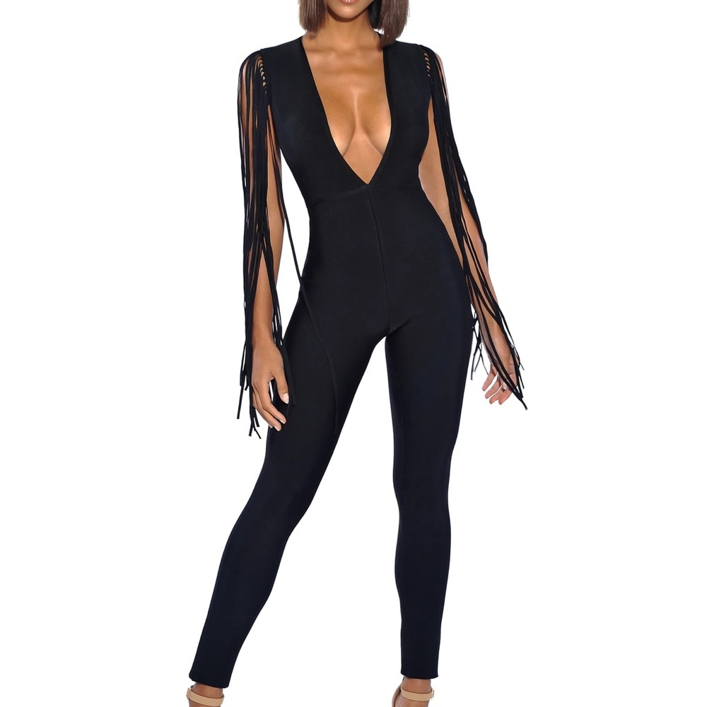 NWT Miss circle black jumpsuit with fringes Xs